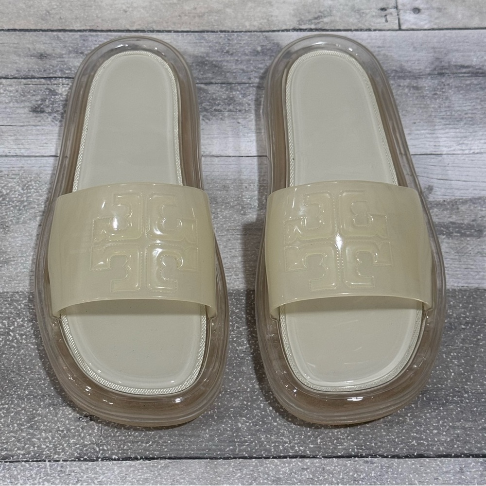 TORY BURCH Bubble Jelly Slide Sandals In Pale Yellow Clear Sole Double-T Logo - Picture 2 of 7